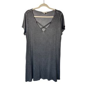 Umgee USA XL Gray Criss Cross V Neck‎ Short Sleeve T Shirt Dress Pockets